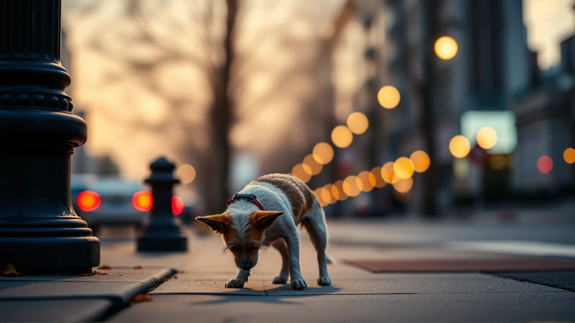 Small terrier sniffing the base of a street lamp on a quiet city sidewalk during dusk, gentle city lights bokeh