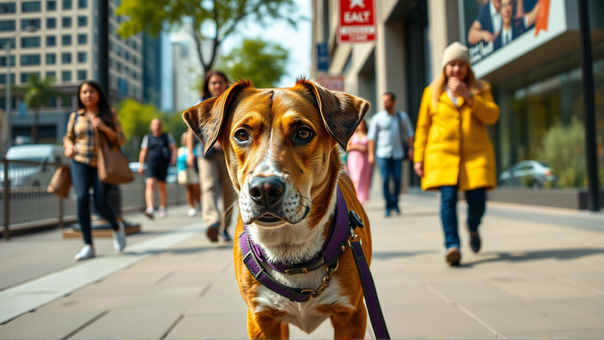 Dog calmly walking on a busy city sidewalk with people passing by, ignoring distractions. Urban background, candid style photography.
