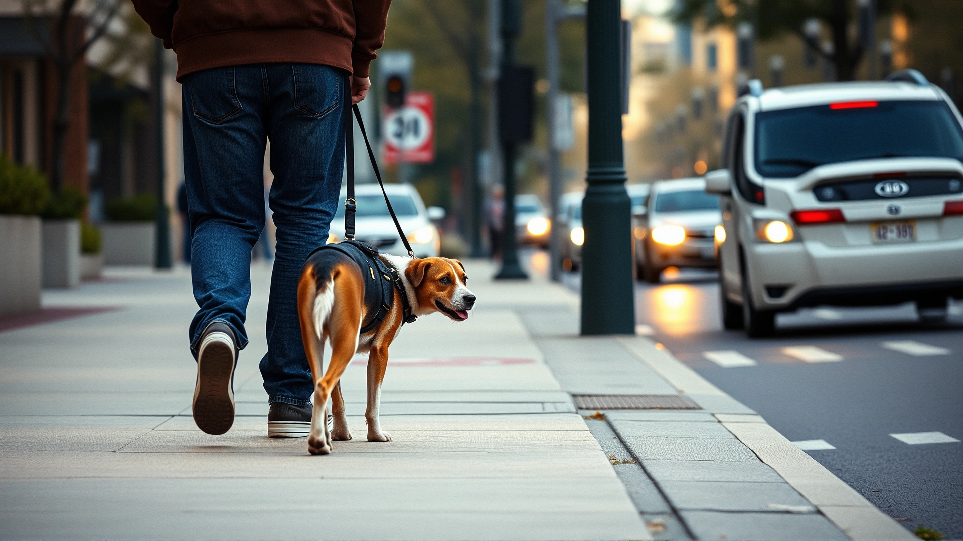Calm dog walking beside owner on sidewalk in a city environment with light traffic, afternoon light