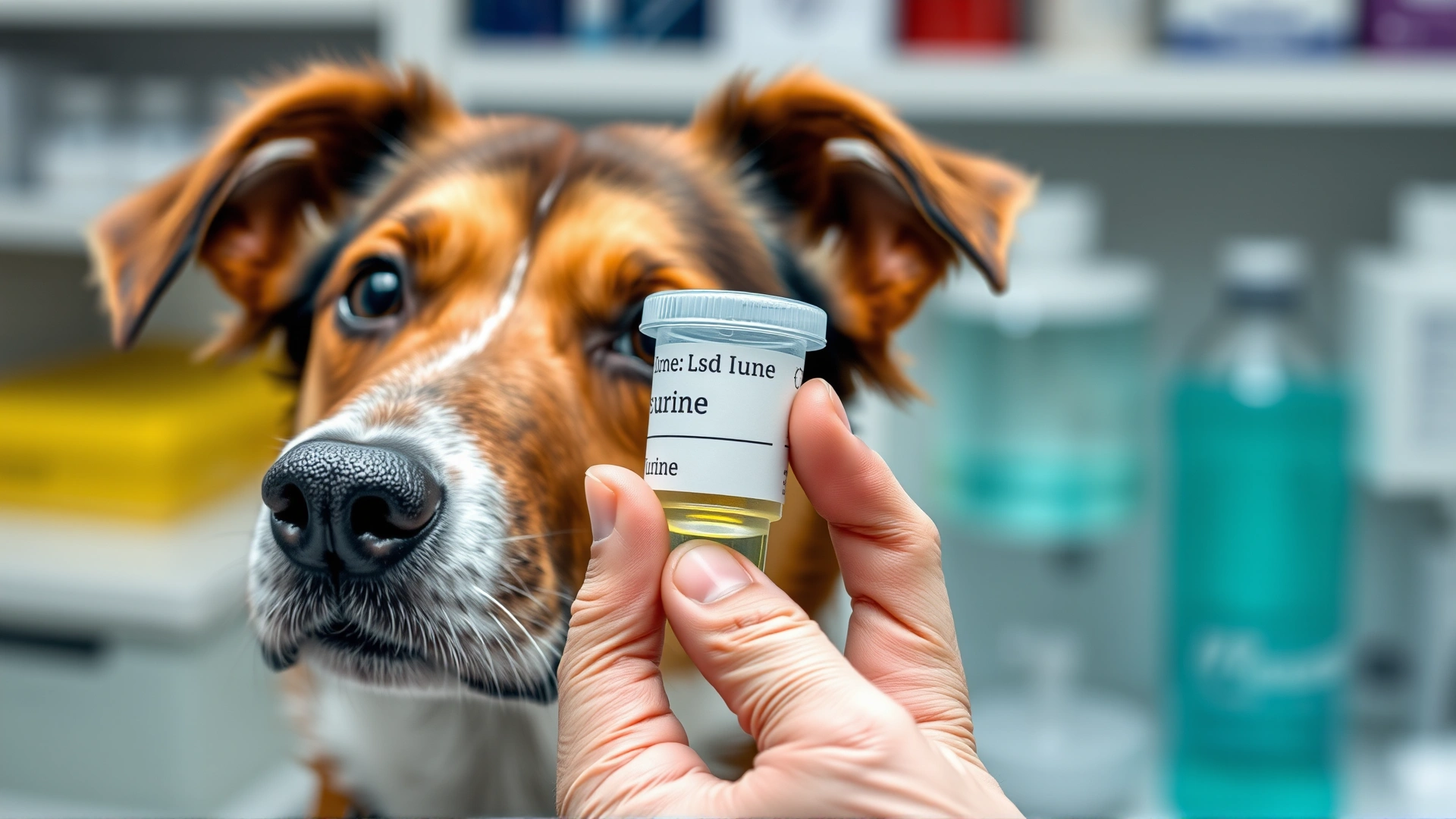 Close-up of a veterinarian's hand holding a labeled urine sample cup next to a curious dog, lab equipment blurred in the background