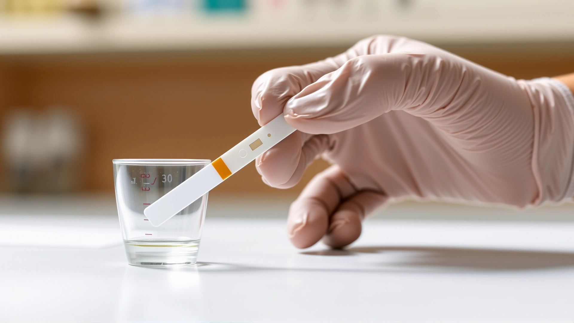 Close-up image of a veterinarian’s gloved hand holding a urine test strip next to a small sample cup on a lab bench.