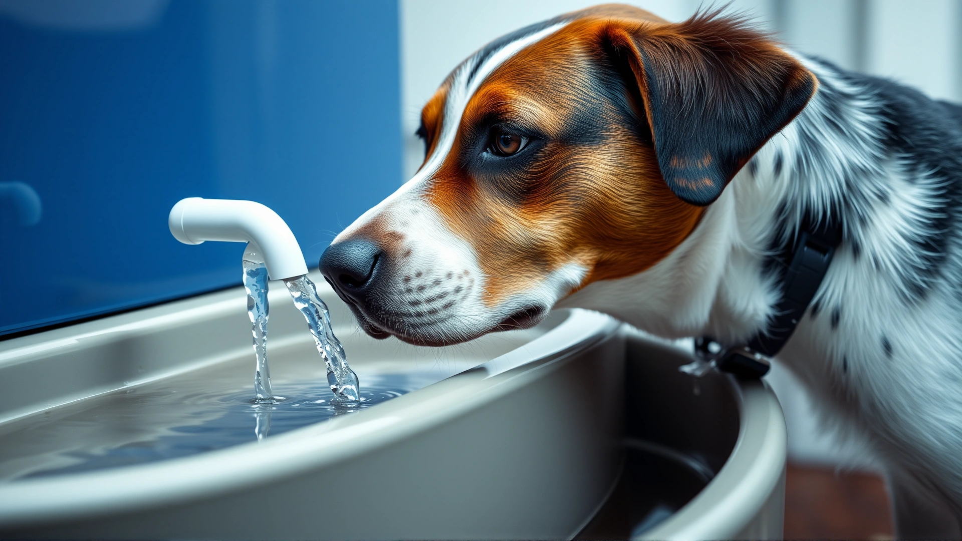 Close-up of dog sniffing at water fountain designed for pets, emphasizing hydration