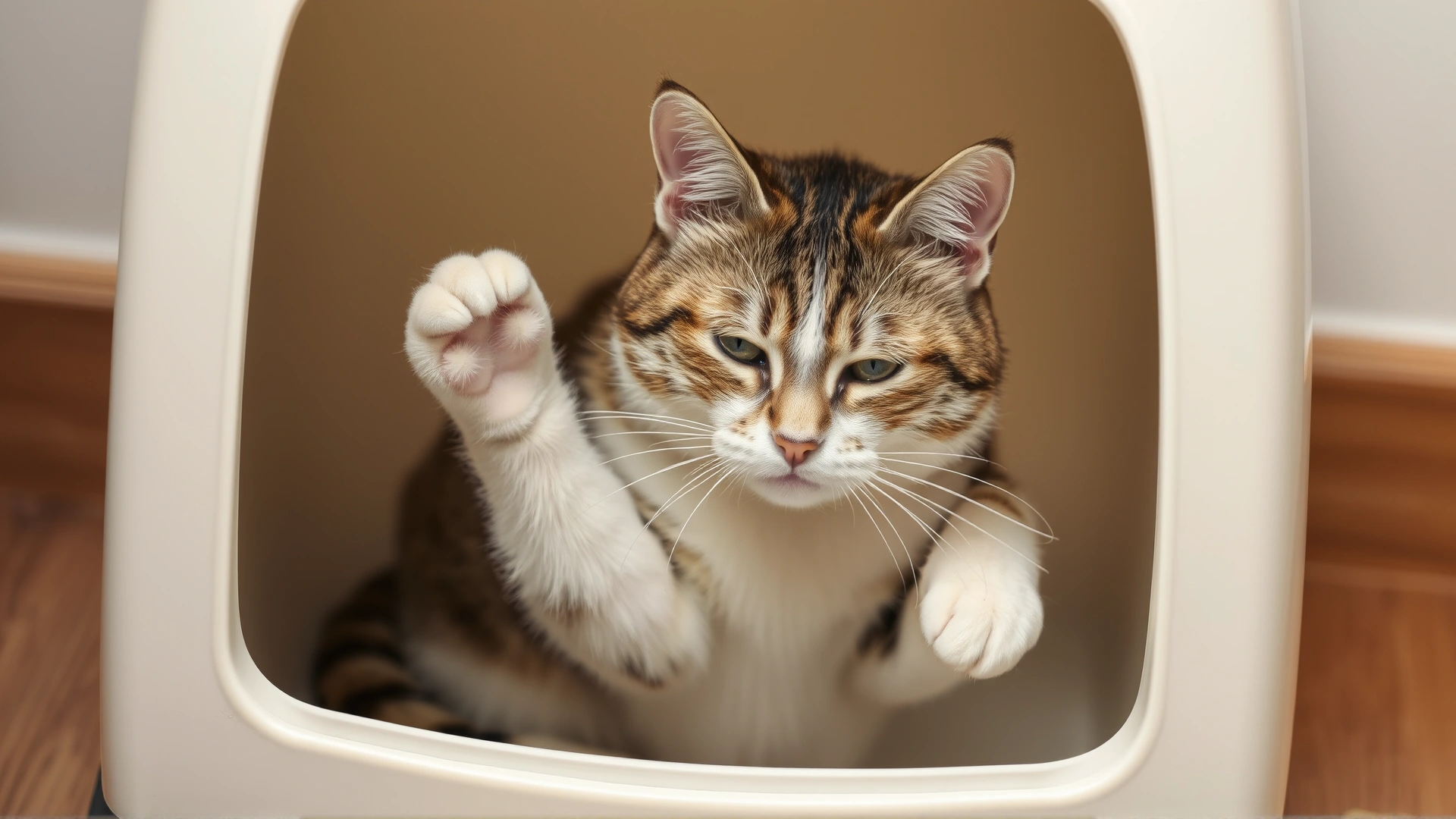 Cat inside litter box looking uncomfortable with raised paw, subtle depiction of urinary discomfort, no text