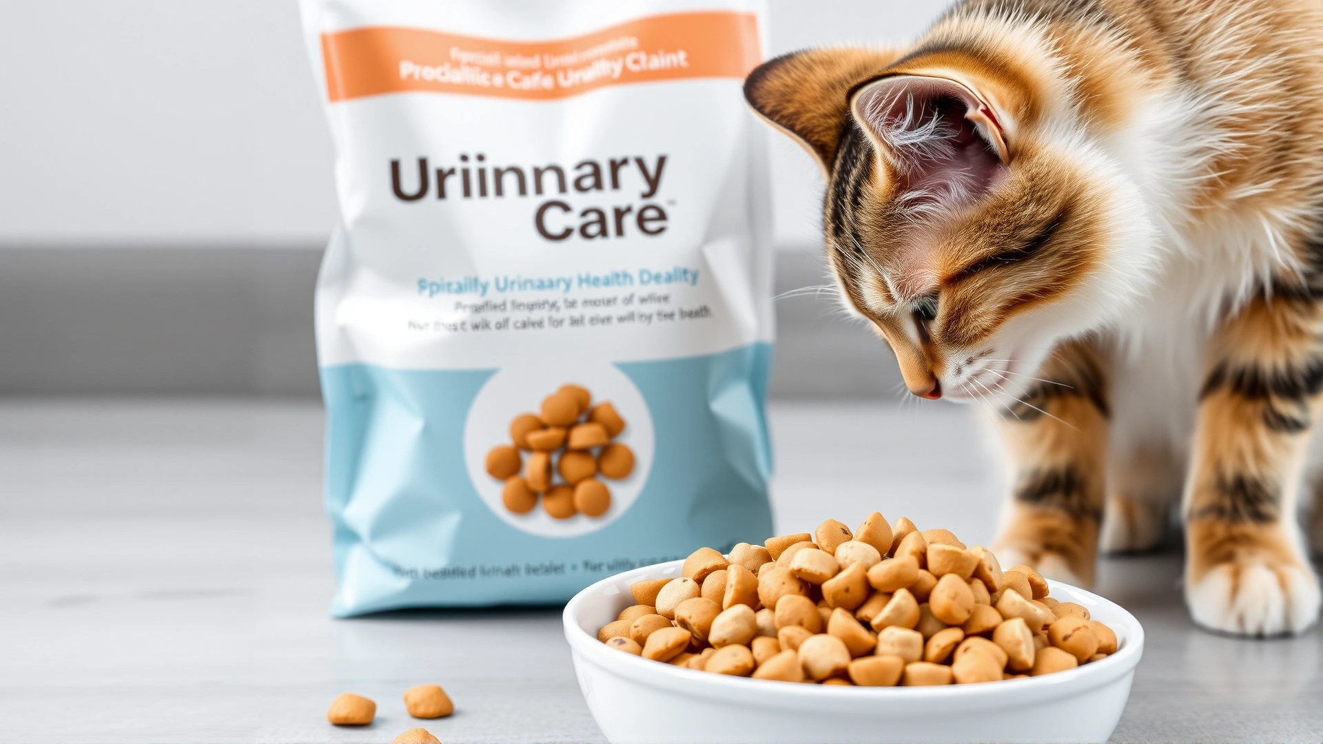 Bowl of specialized urinary health cat kibble next to a bag labeled 'Urinary Care' (without readable text) and a cat sniffing it.