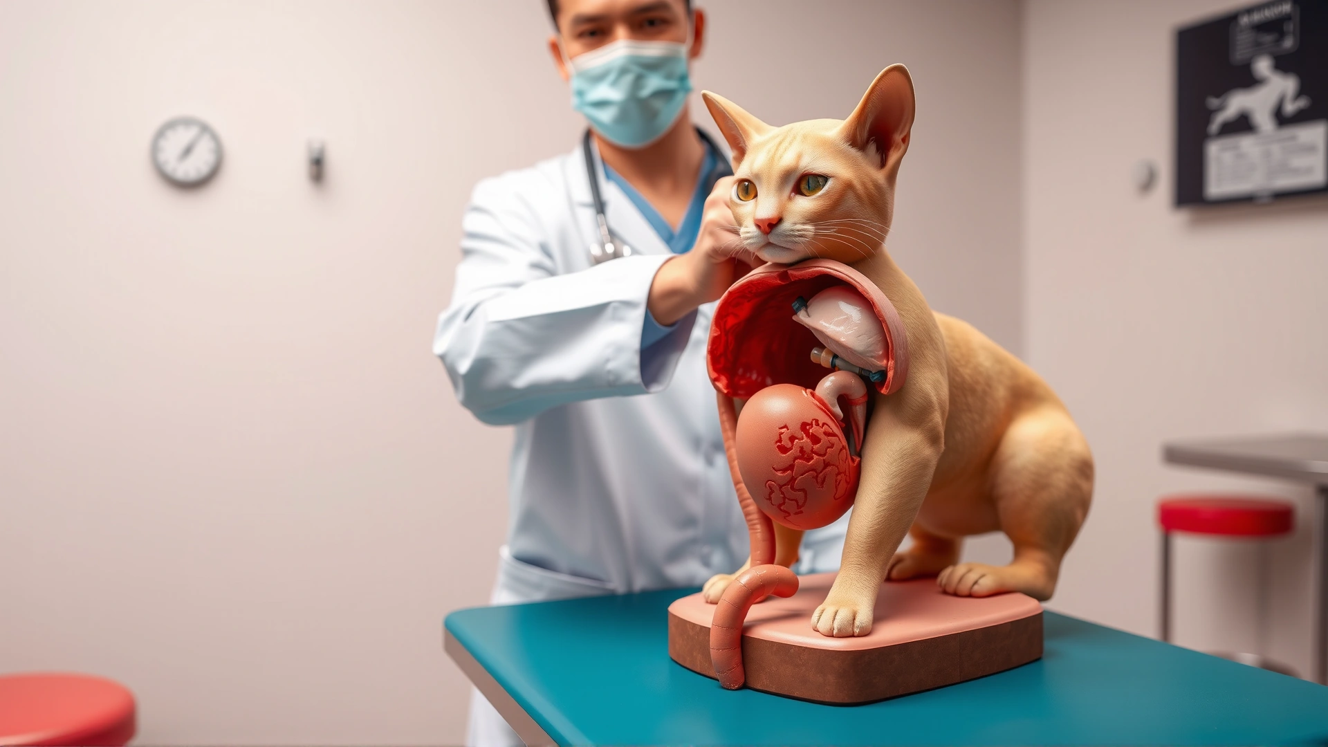Veterinarian holding and pointing at a realistic 3D anatomical model of a cat urinary system on a clinic table, no text visible