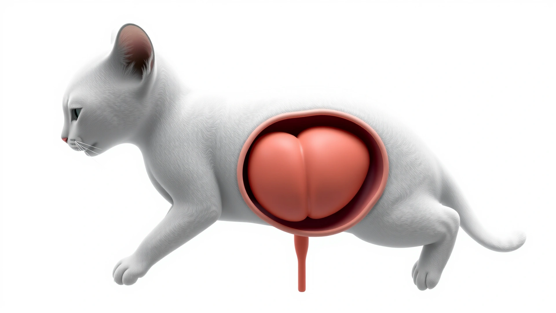 Clean, high-resolution 3D illustration showing a cat’s urinary tract (kidneys, ureters, bladder, urethra) with emphasis on bladder, white background, no text.