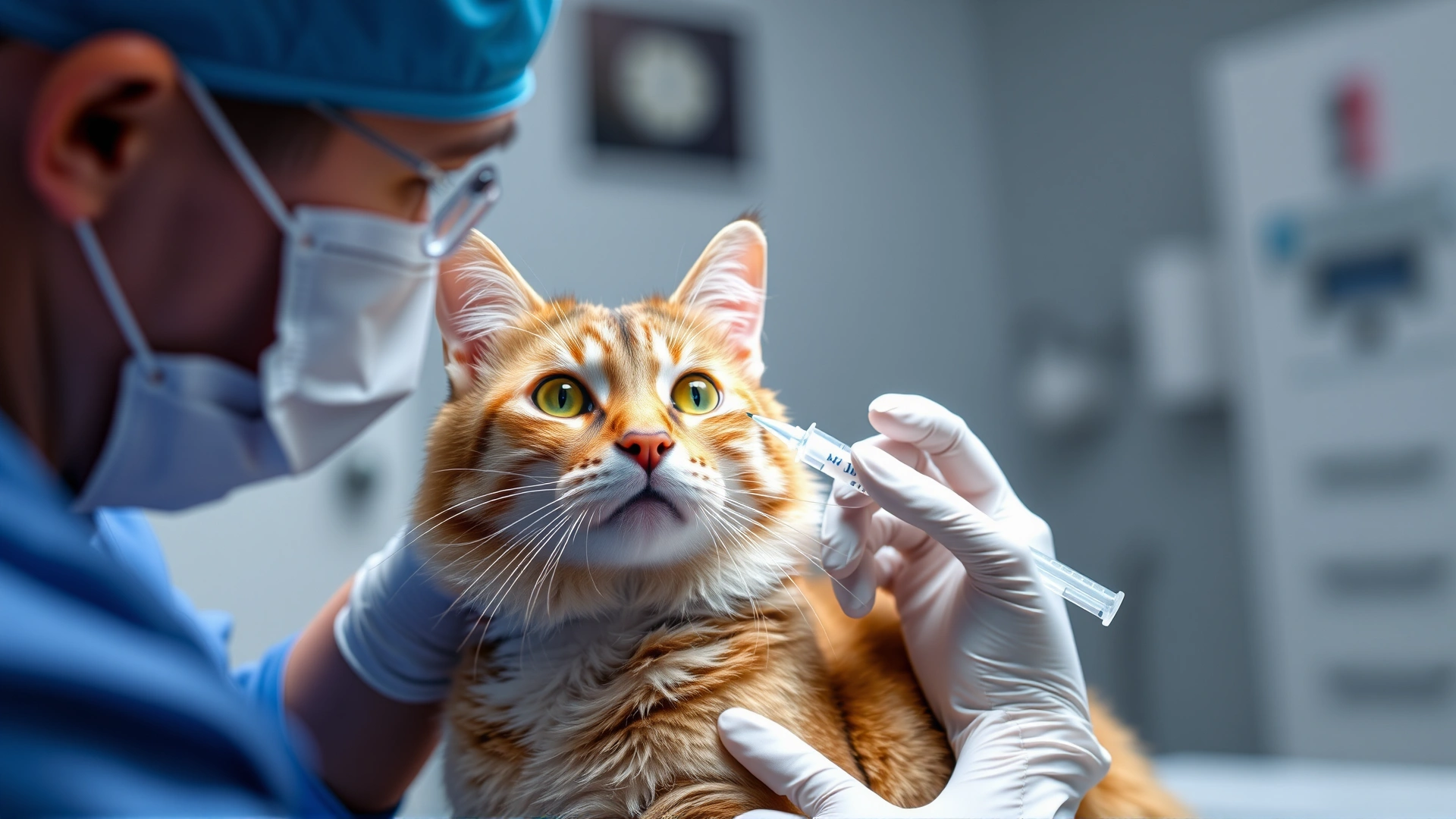 Veterinarian using a syringe to collect a sterile urine sample from a cat via cystocentesis in a modern veterinary clinic