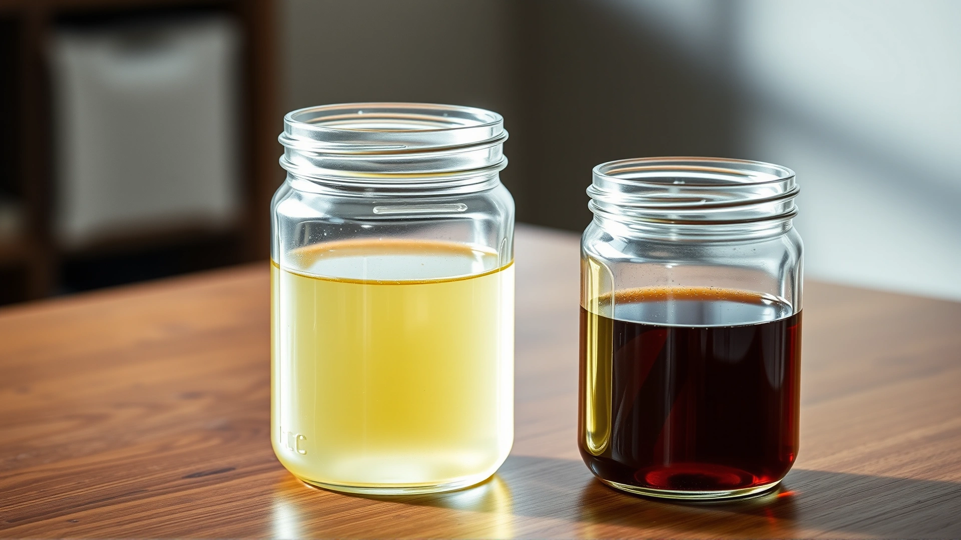 Two clear jars placed on a wooden table: one containing normal pale yellow horse urine, the other containing dark brown urine, soft studio light