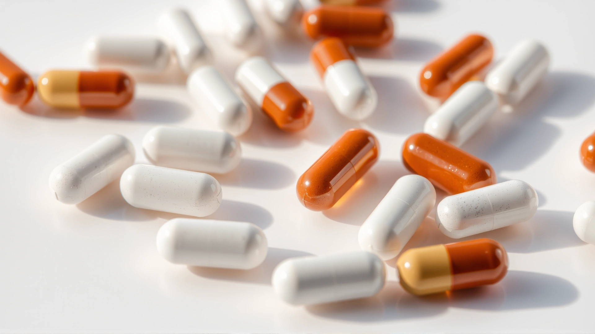 Close-up macro photo of white and brown ursodiol capsules scattered on a clean white surface with soft shadows.