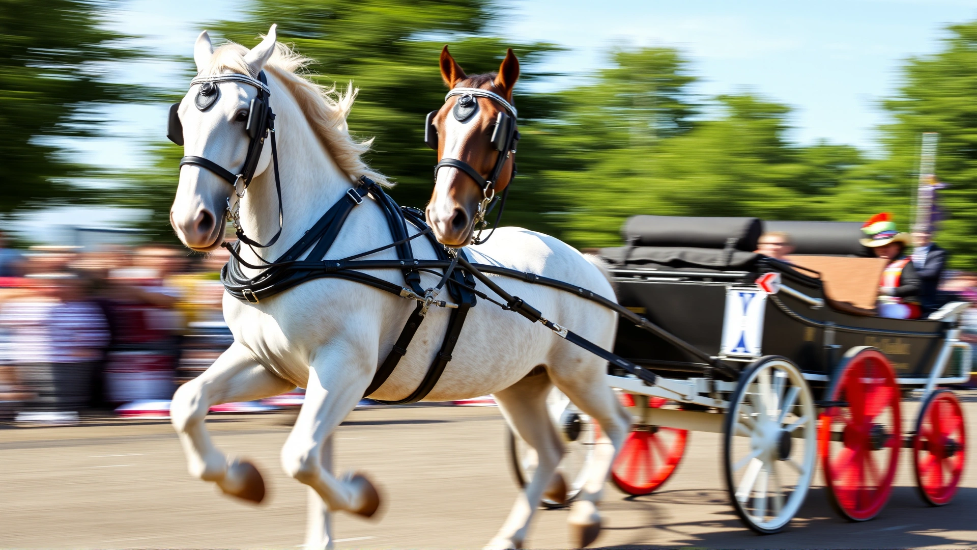 Pair of Gelderland horses in traditional harness, pulling a polished carriage during a competition, motion blur on wheels.