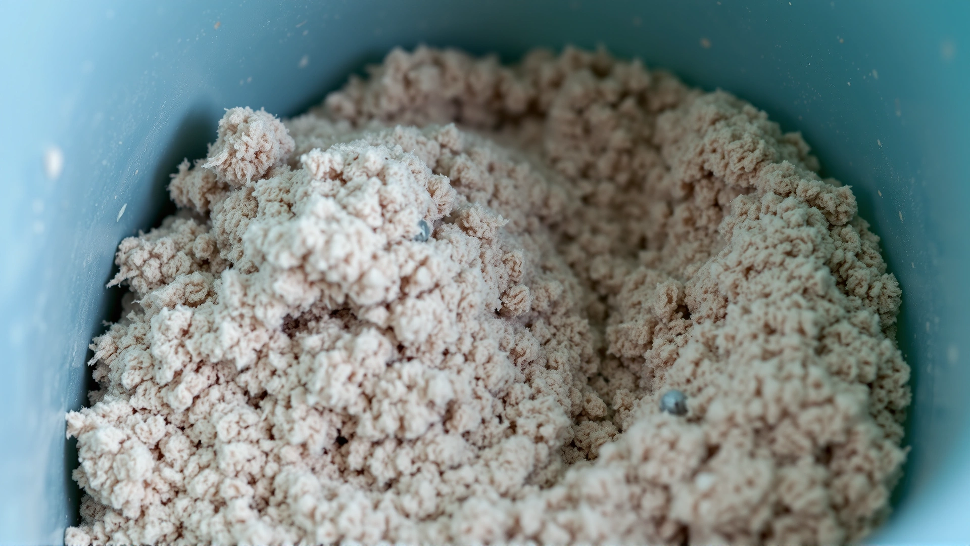 Macro shot of clumped, dirty chinchilla dust inside a small tub, illustrating when dust needs to be replaced