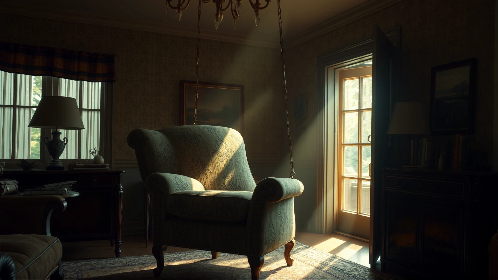 Vintage armchair being carried into a living room, dust particles visible in light rays to suggest hidden flea eggs.