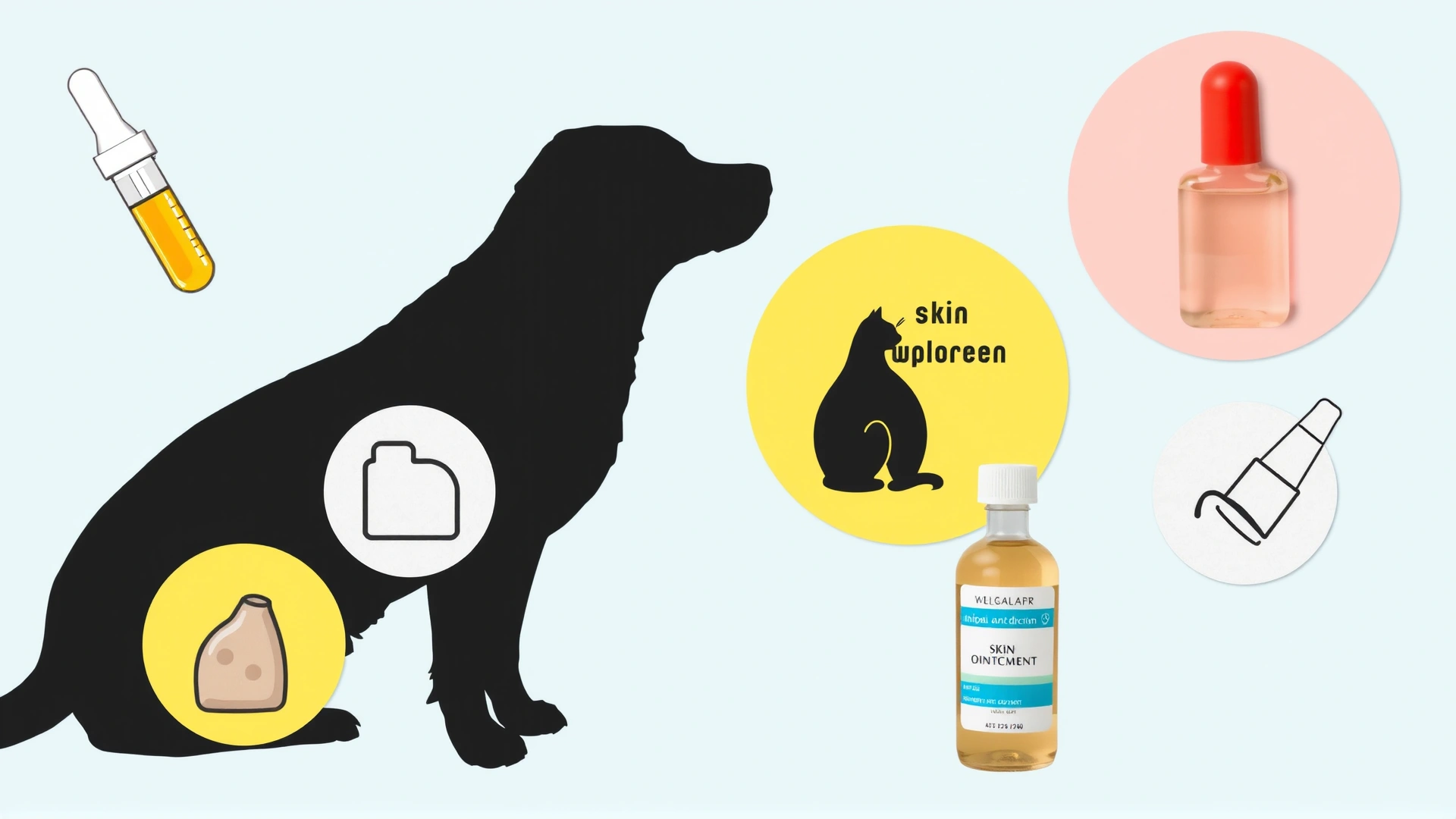 Collage-style image showing icons of ear drops, skin ointment, and oral liquid medication arranged around silhouettes of a dog and cat, on a light blue background