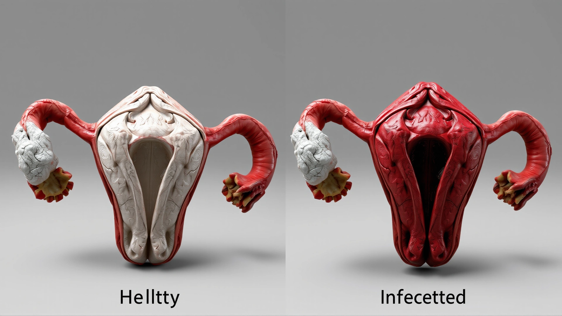 AI-generated artistic 3D render of a healthy vs. infected feline uterus side by side, no text labels, neutral background, anatomically suggestive without explicit gore or blood