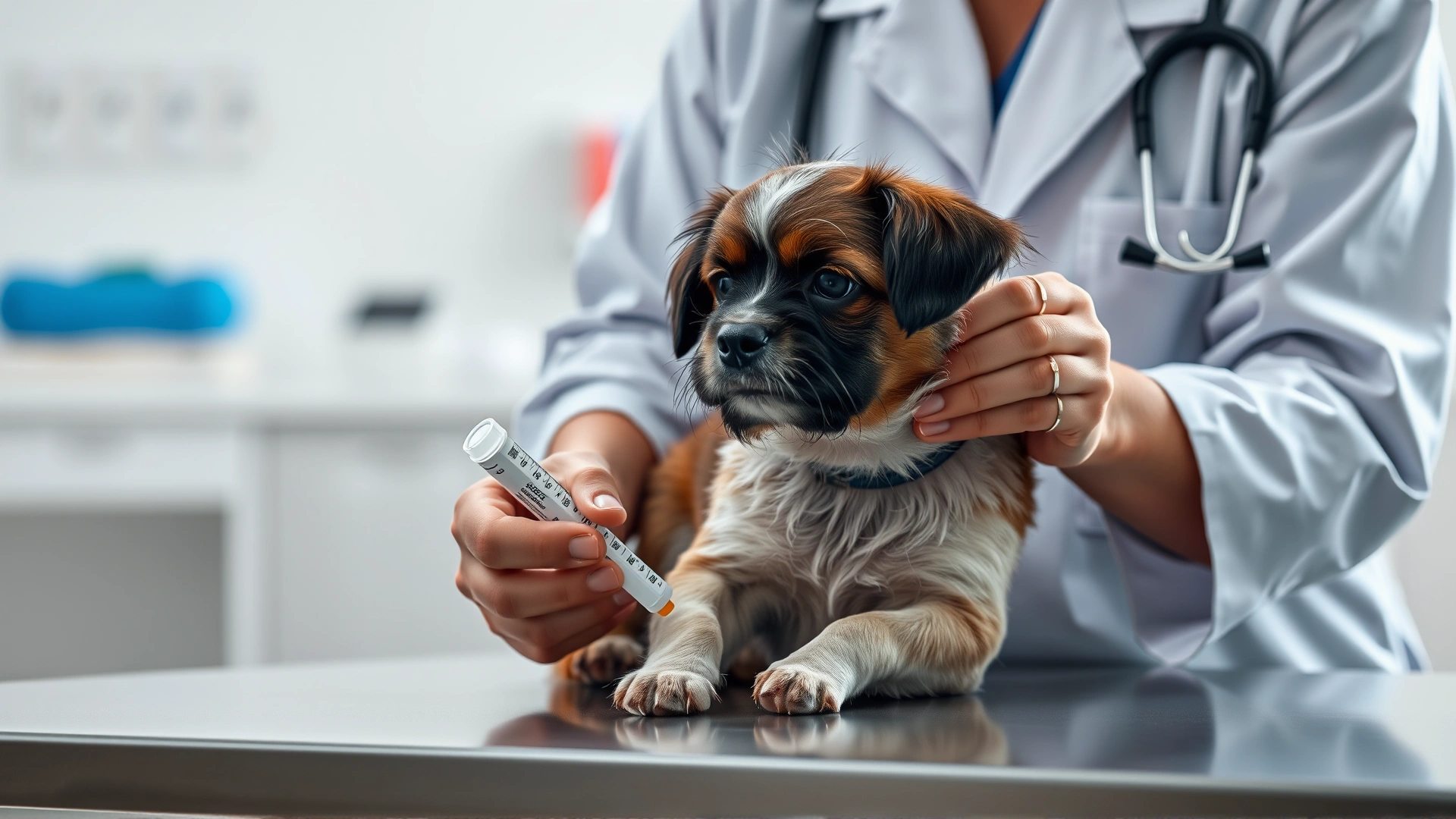 Veterinarian gently holding a small dog on an examination table while taking a urine sample, clinic background softly blurred.