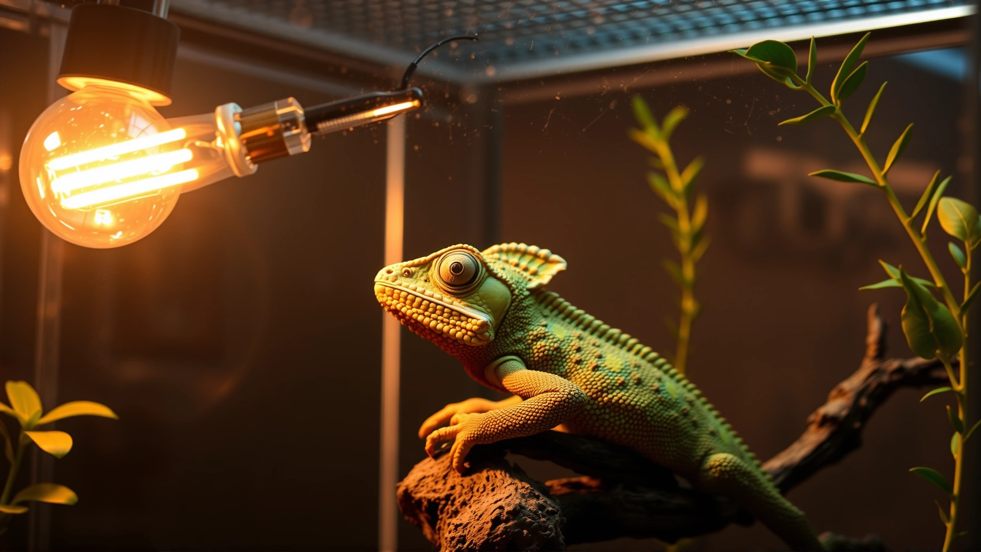 Medium shot showing a chameleon under a high-quality UVB bulb inside a terrarium, clearly illustrating proper lighting setup.