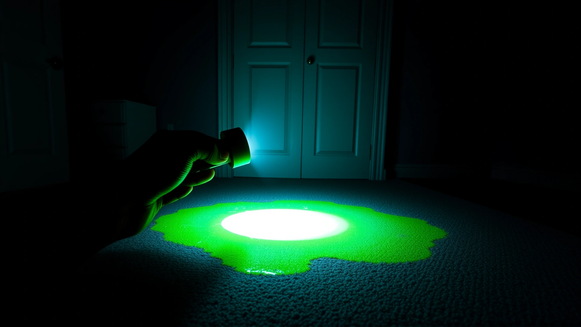 Dark room scene showing a handheld UV flashlight revealing a bright green urine stain on a carpet.