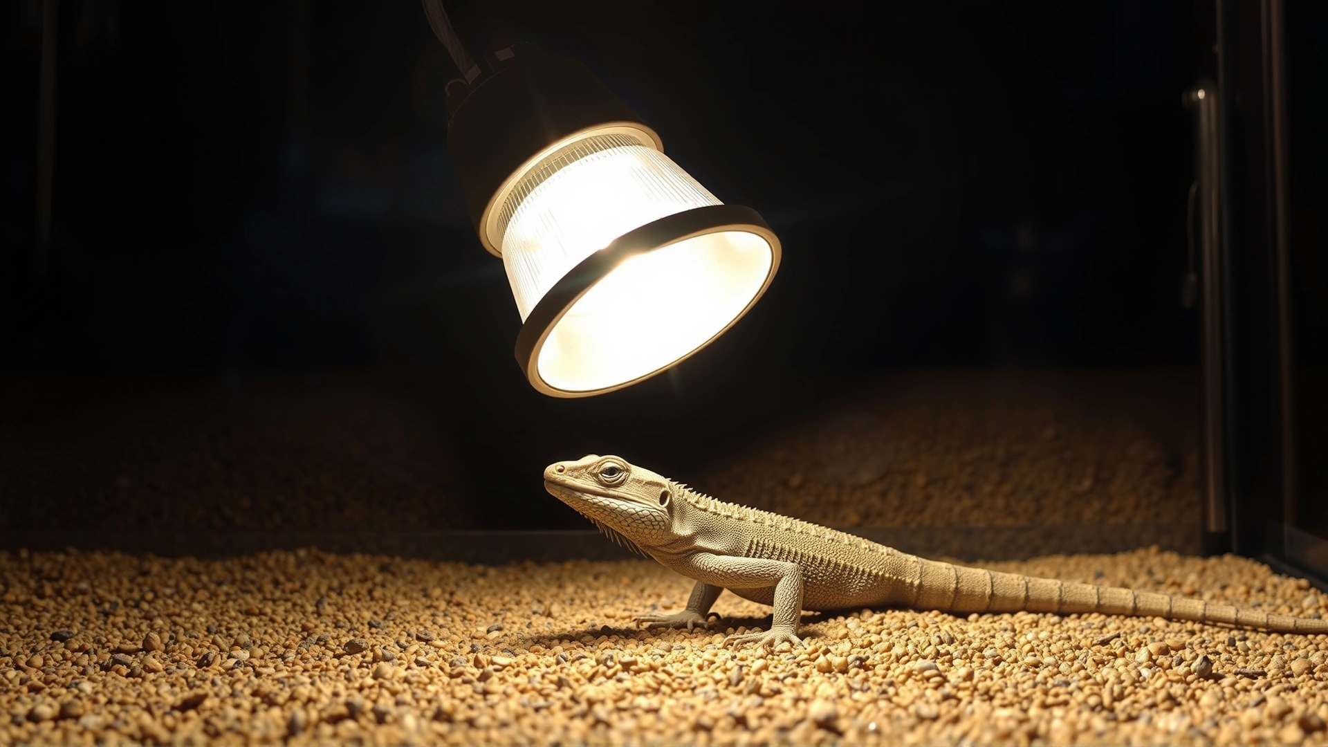 Side view of a UVB lamp and basking spot inside a lizard enclosure with a basking lizard underneath