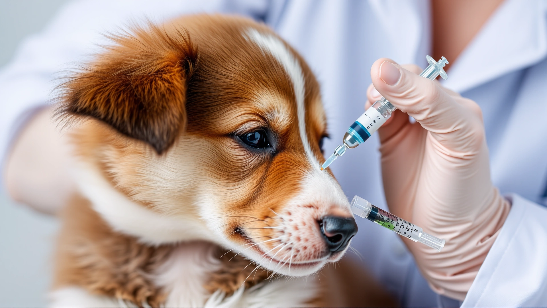 Close-up of a veterinarian administering a vaccine to a relaxed puppy, highlighting preventive care.