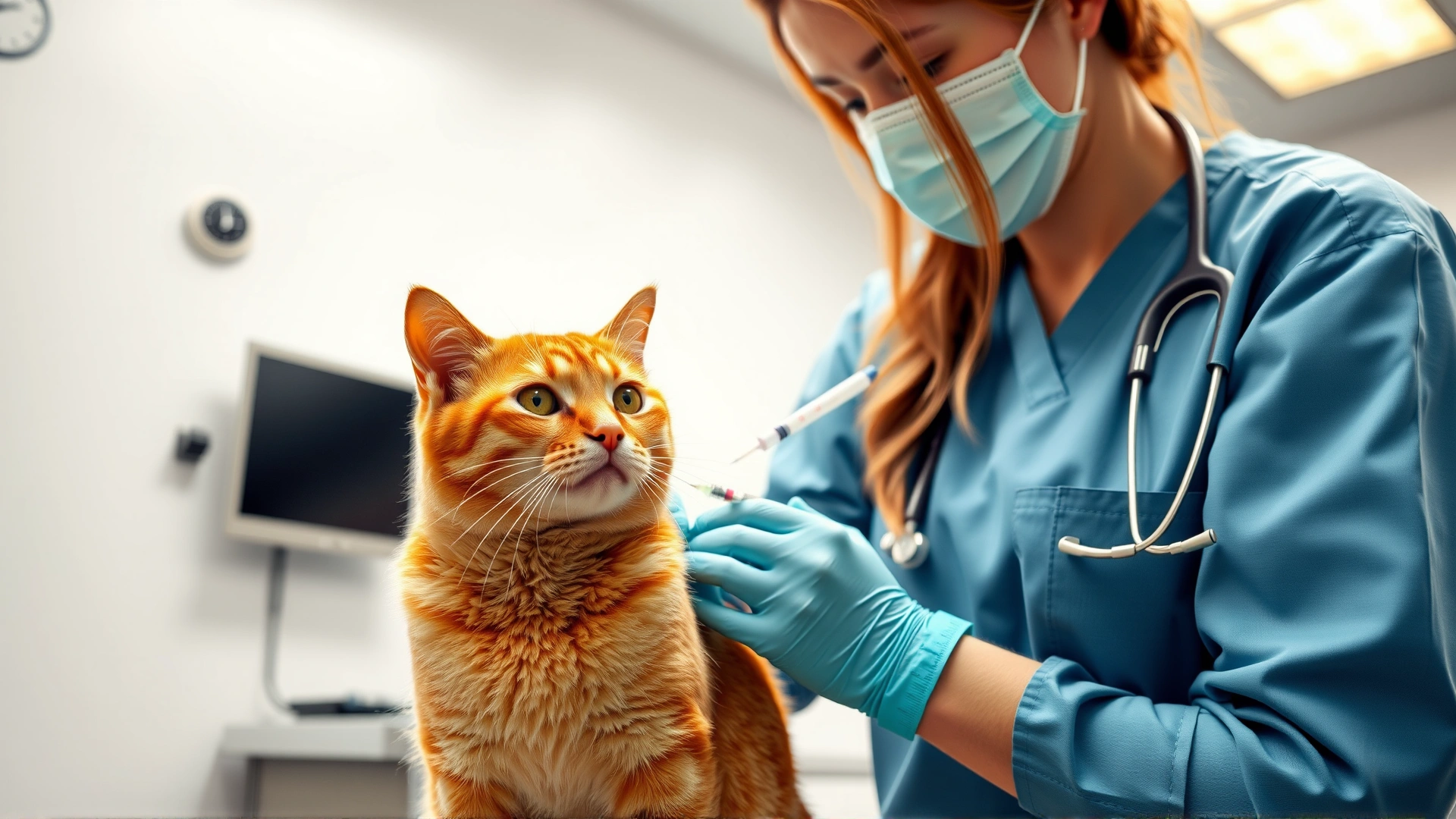 Bright veterinary clinic scene showing a vet administering a vaccine to a calm, ginger cat, focusing on preventive care.