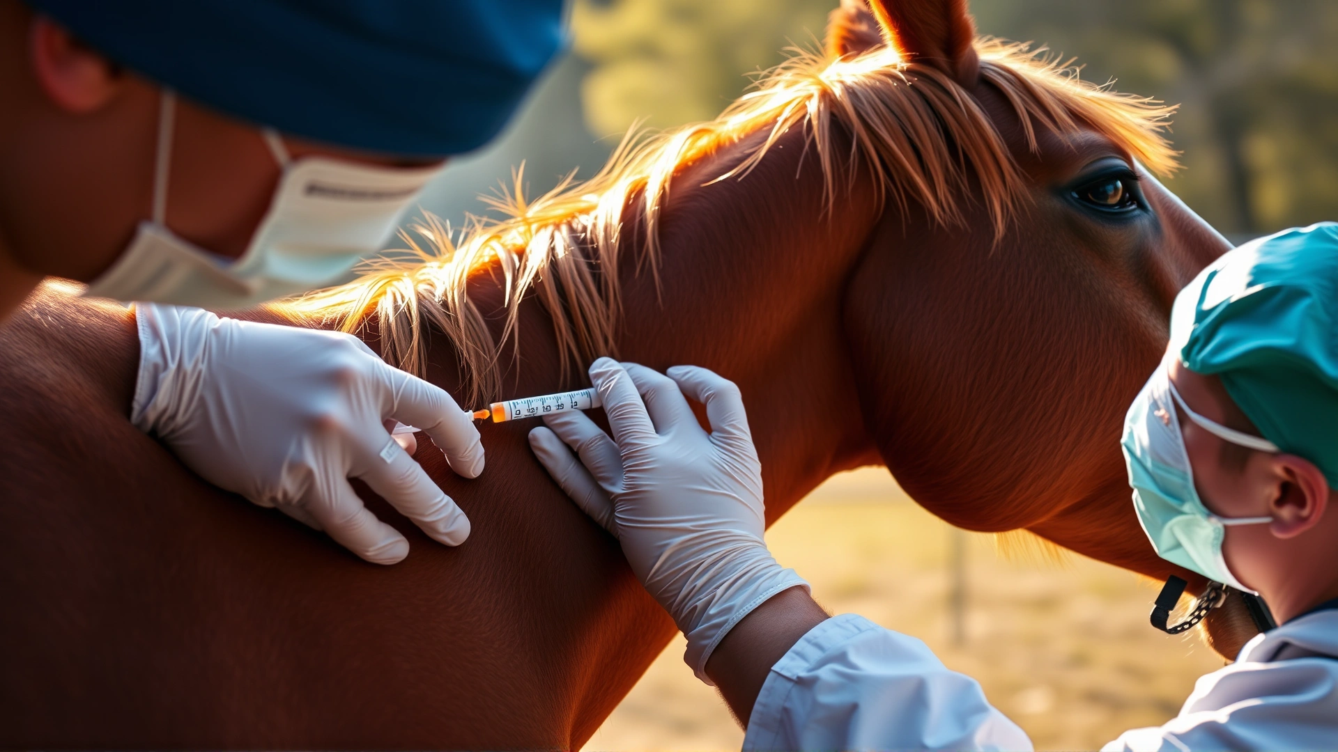 Veterinarian administering a vaccine injection into a horse's neck outdoors.