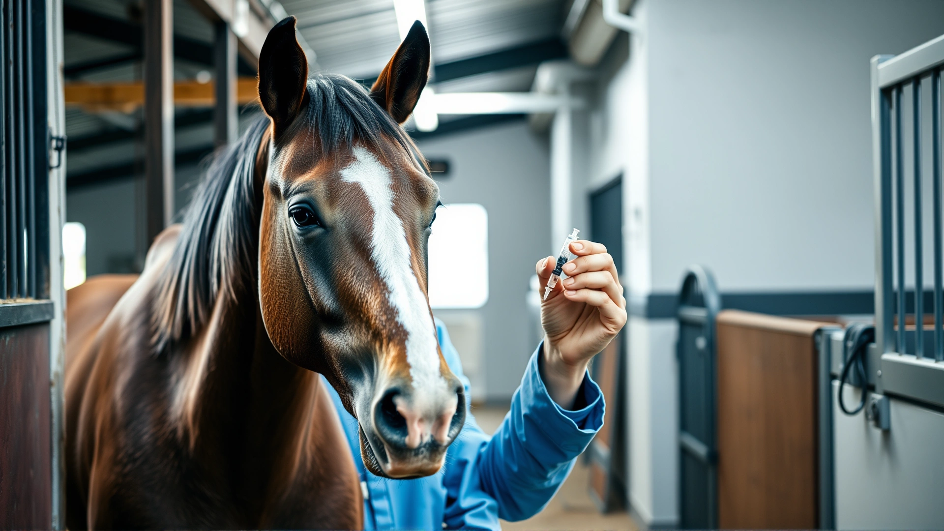 A veterinarian holding a syringe while reassuring a calm horse in a clean barn, symbolizing preventive tetanus vaccination