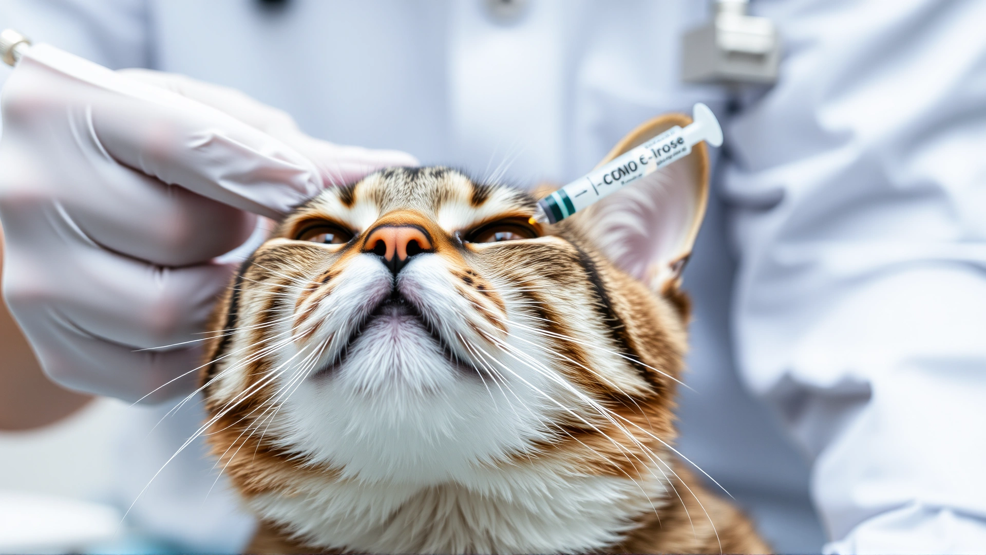Close-up of a veterinarian administering a vaccine injection under the scruff of a relaxed domestic cat in a clinical setting.