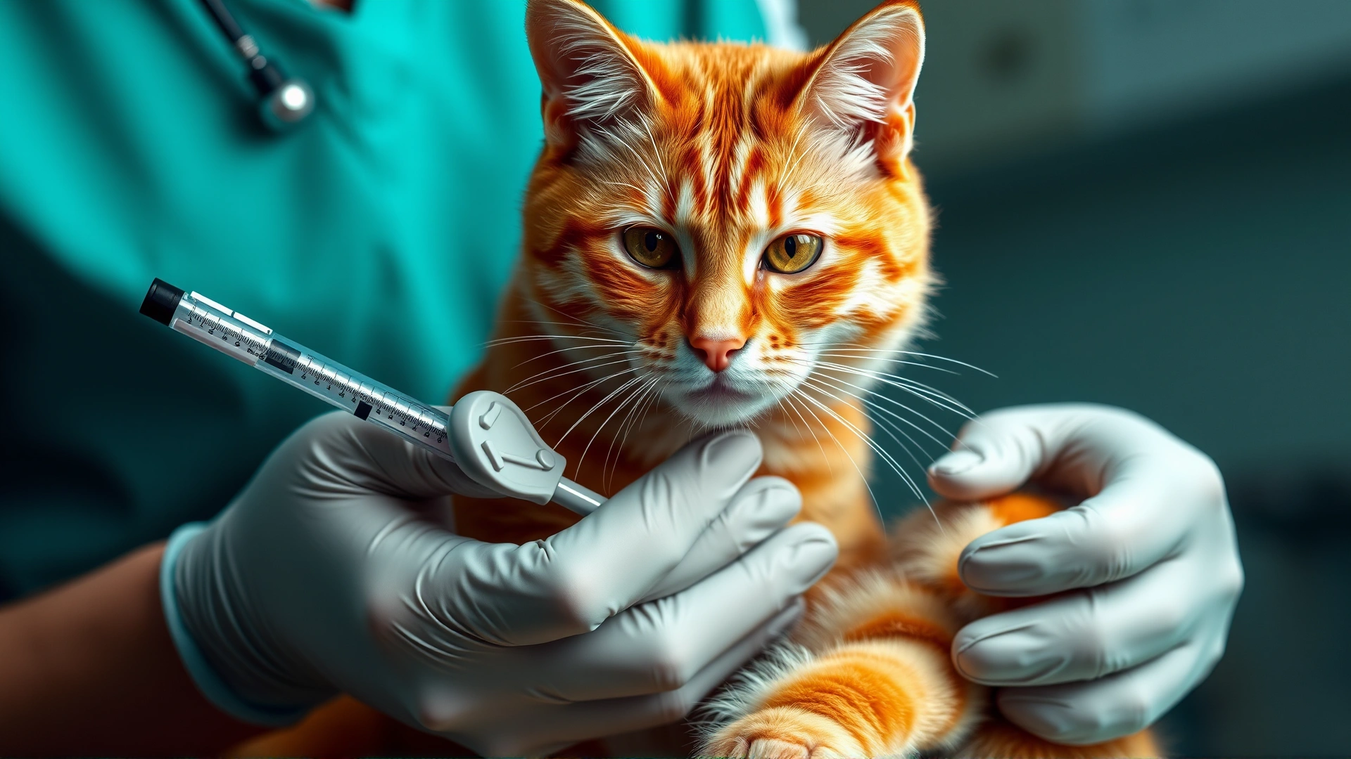 Vet administering a vaccination shot to an orange tabby cat in a bright clinical setting