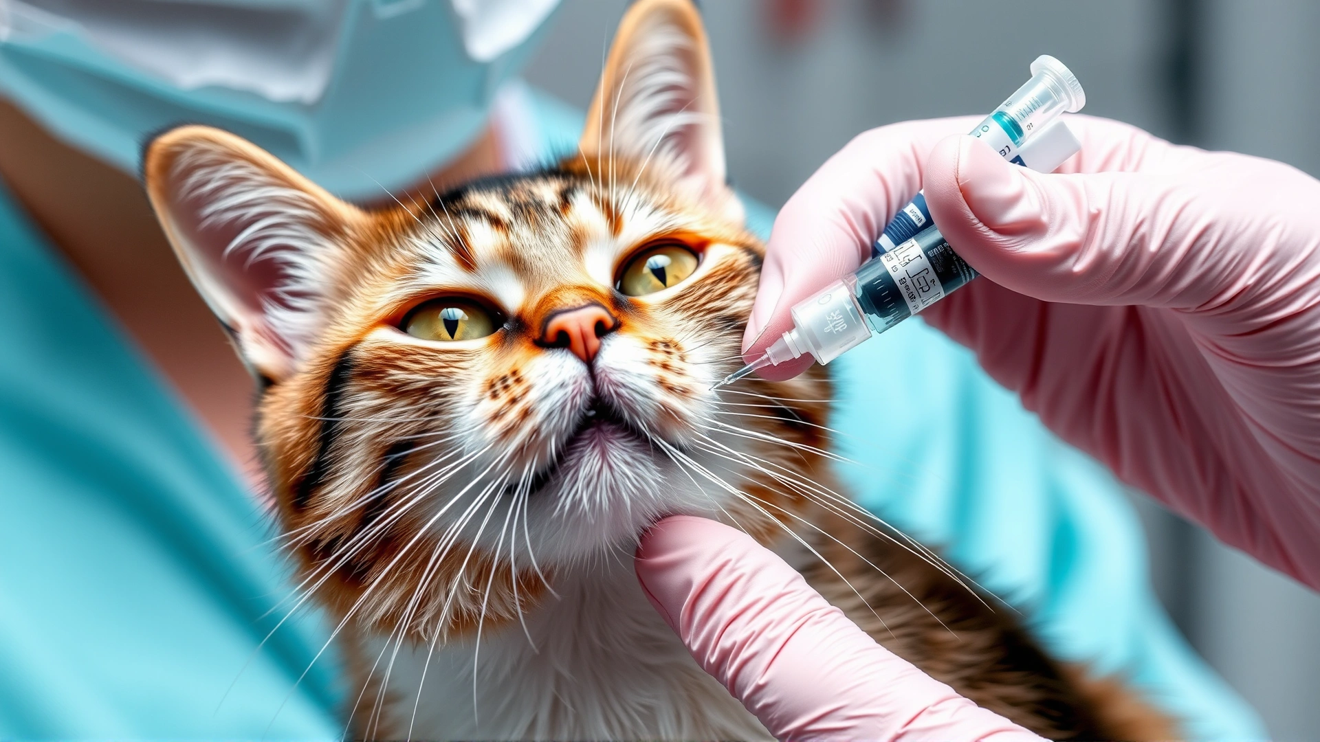 Veterinarian giving an intranasal vaccine to a cat using a small applicator nozzle.