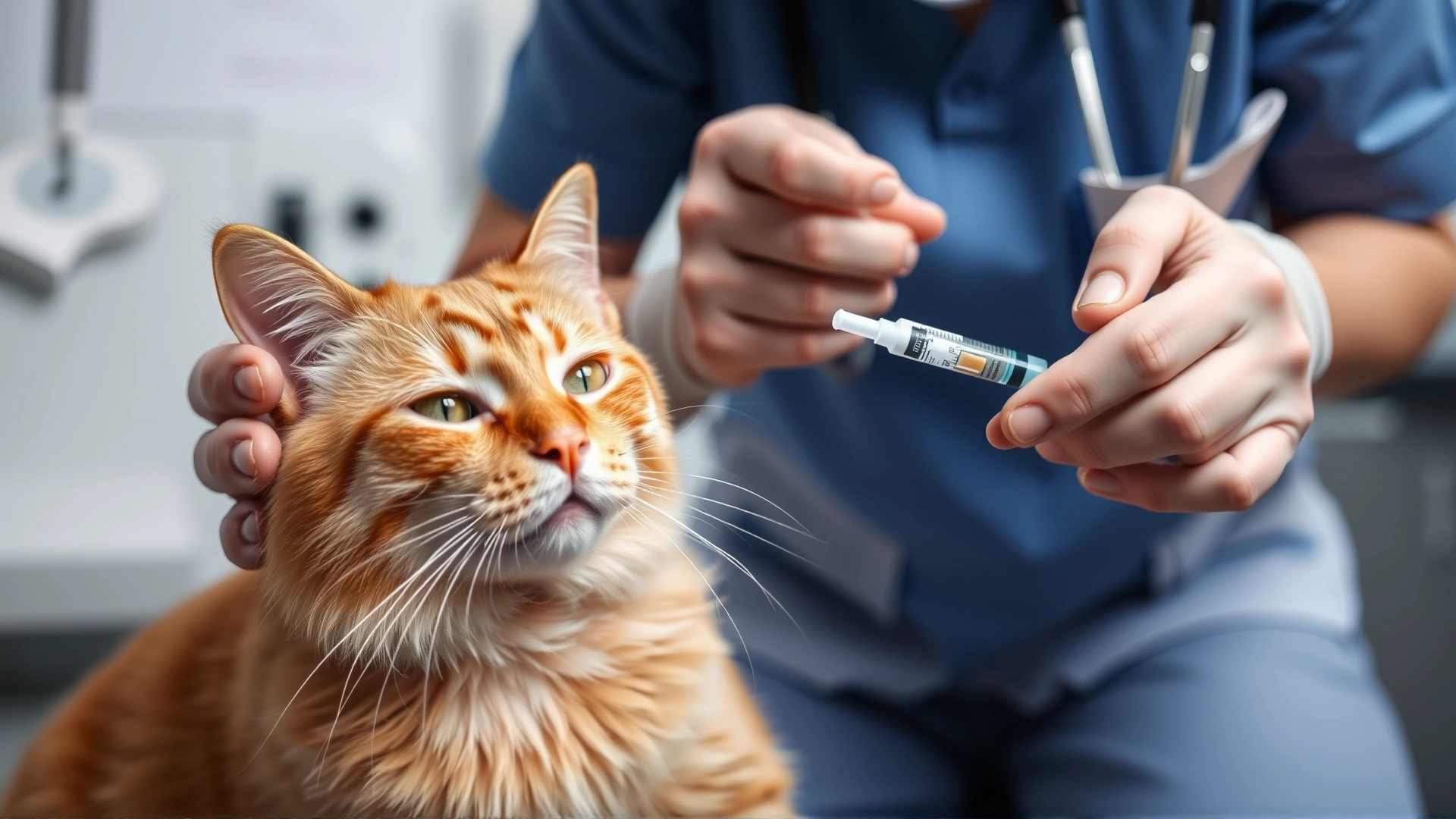 Veterinarian administering vaccine to a calm ginger cat in clinic setting