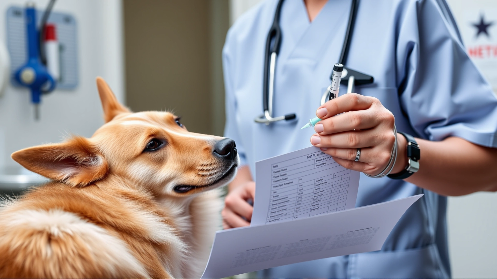 Vet technician reviewing a dog's vaccination record while holding a syringe in a clinical setting.