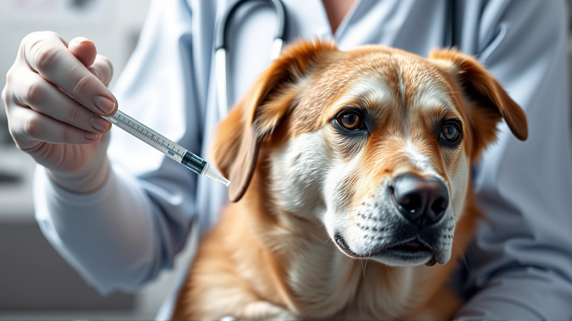 Veterinarian holding a syringe near a calm dog's shoulder, reassuring hand on the dog, clinic setting