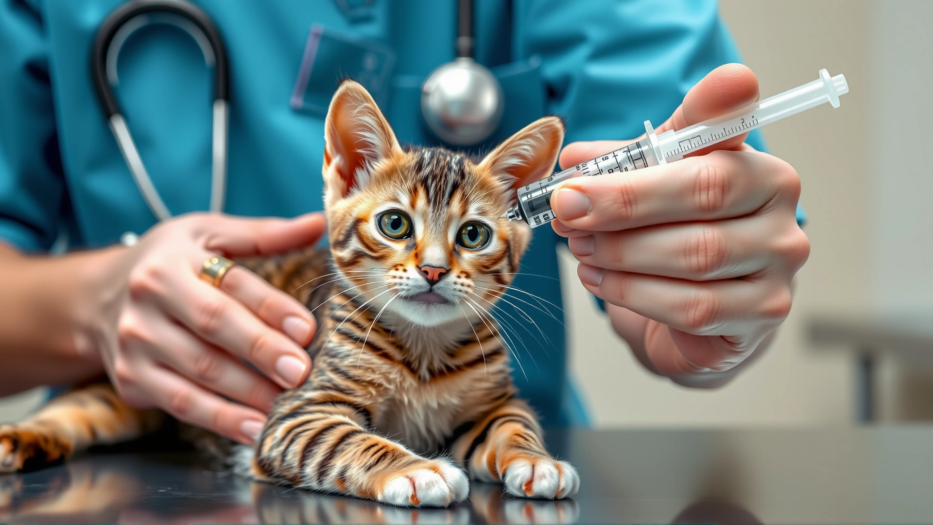 Vet hand holding a syringe while gently restraining a healthy young cat on the exam table, vaccine concept, no text