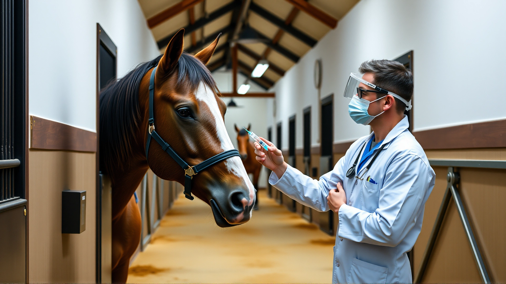 Wide shot of a veterinarian approaching a horse with a syringe in a clean barn aisle, conveying routine equine vaccination