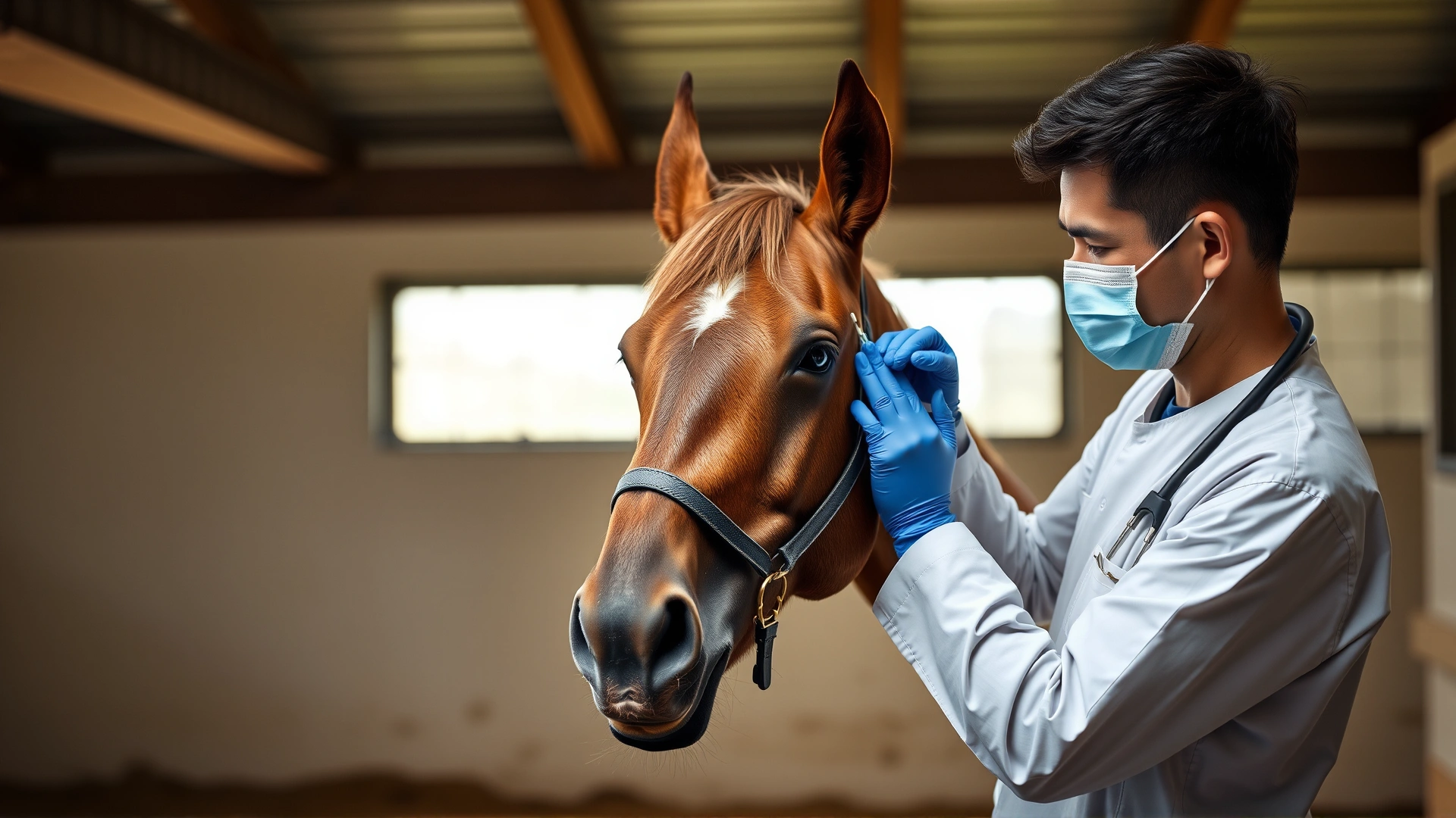 Stable scene of a veterinarian administering a vaccine to a calm horse, emphasizing preventive care