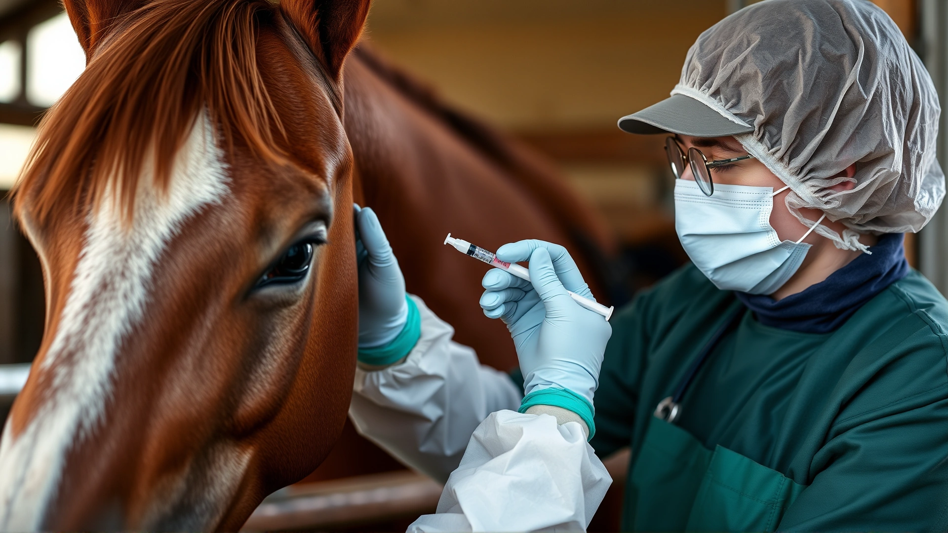 Veterinarian in protective clothing gently administering a vaccine injection into a horse's neck using a syringe, barn setting, realistic photo