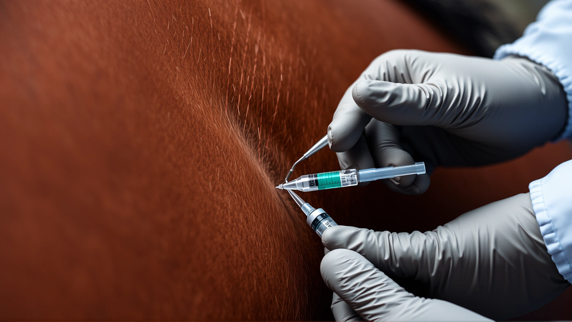 Close-up of a veterinarian’s gloved hand administering an intramuscular vaccine to a horse’s neck