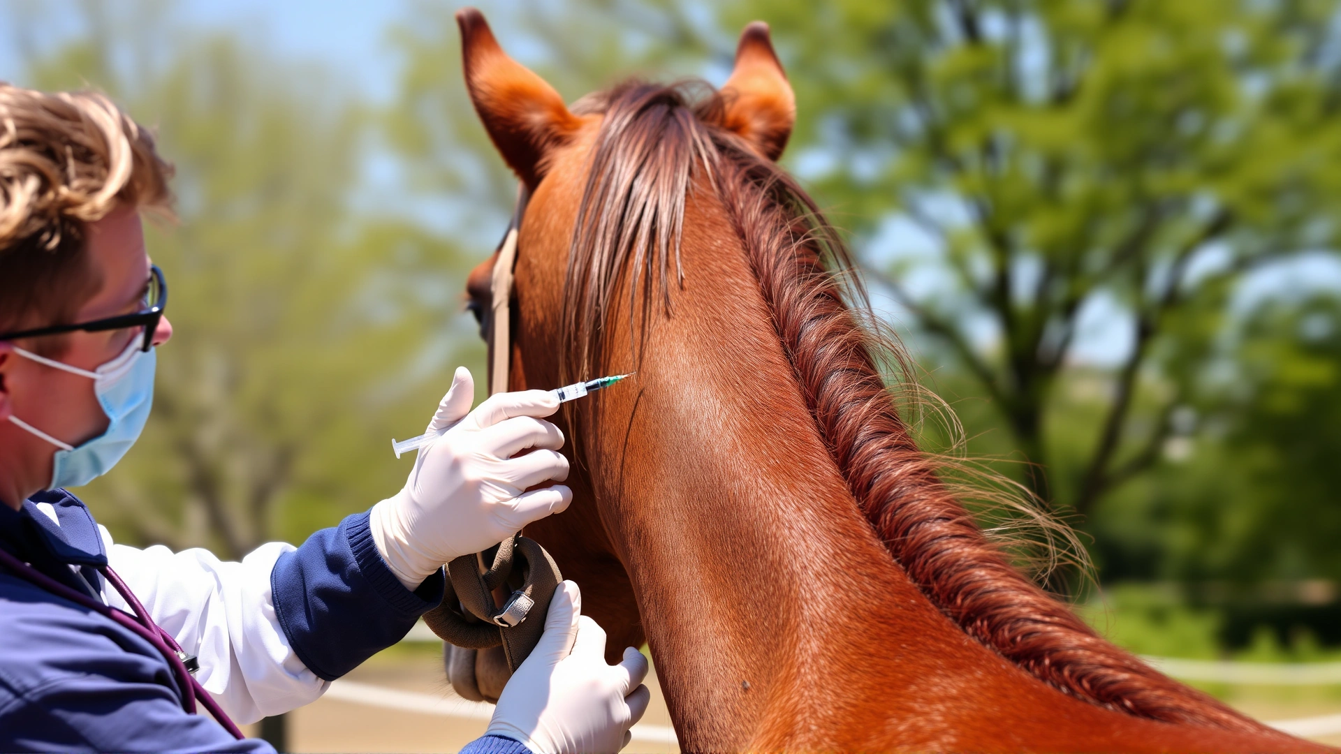 A veterinarian administering a vaccine injection into the neck muscle of a brown horse held by an owner outdoors on a sunny day. No text.