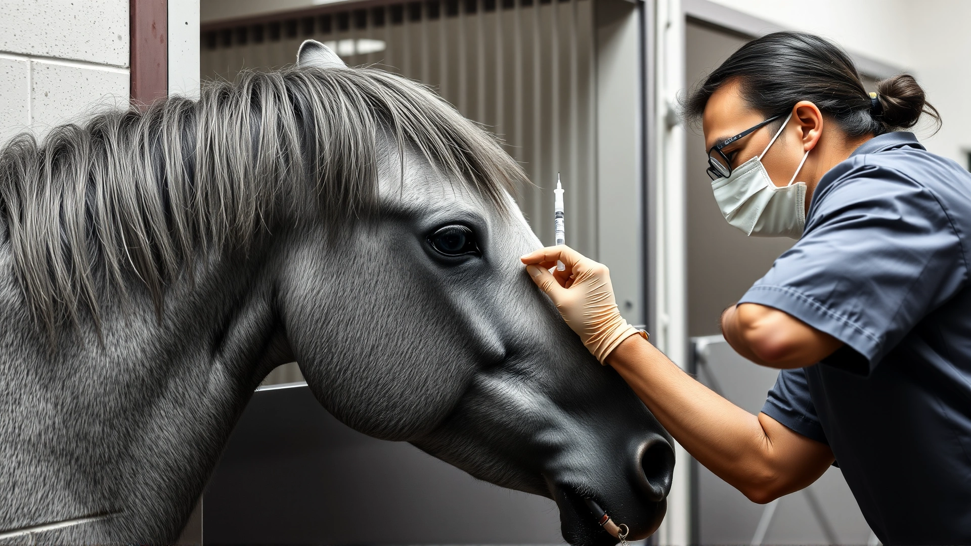 Veterinarian administering an intramuscular vaccine into the neck of a relaxed grey horse inside a clean stable, reassuring atmosphere, no text.