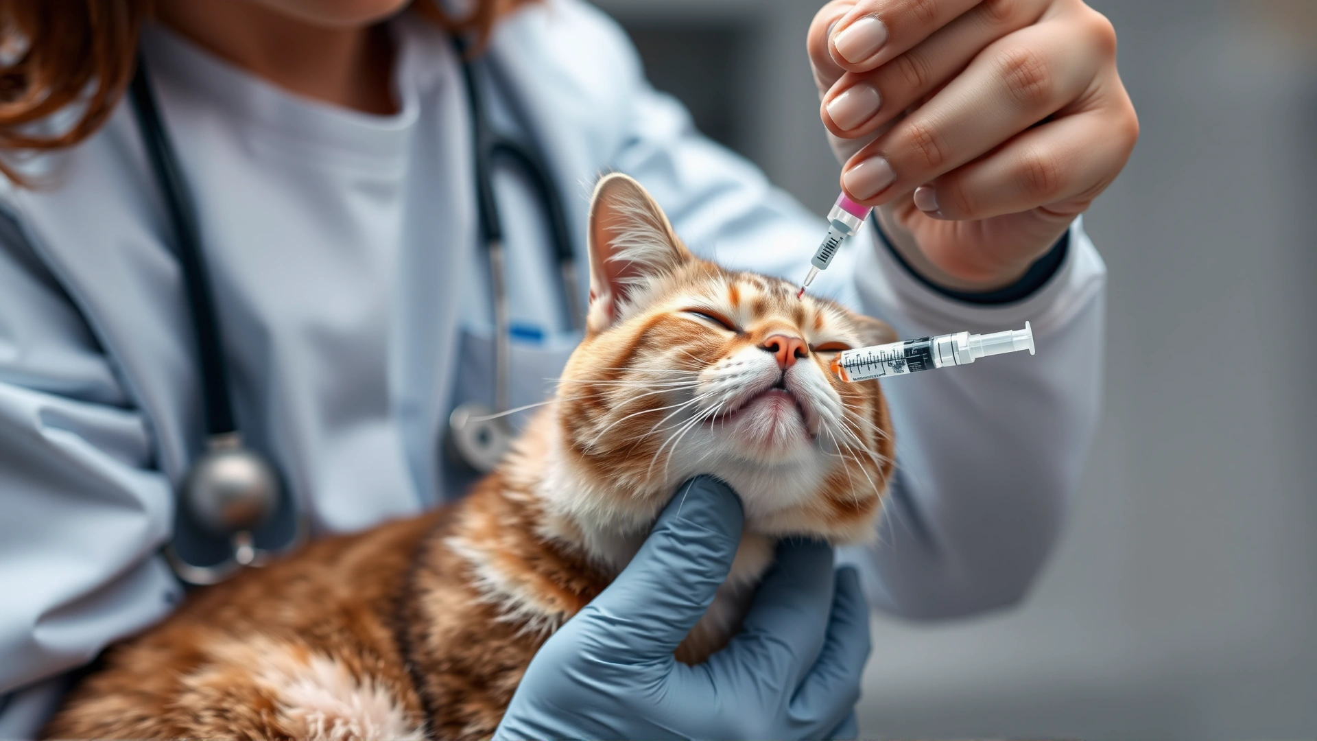 Veterinarian carefully administering a vaccine injection to a calm cat, showing proper vaccination procedure.