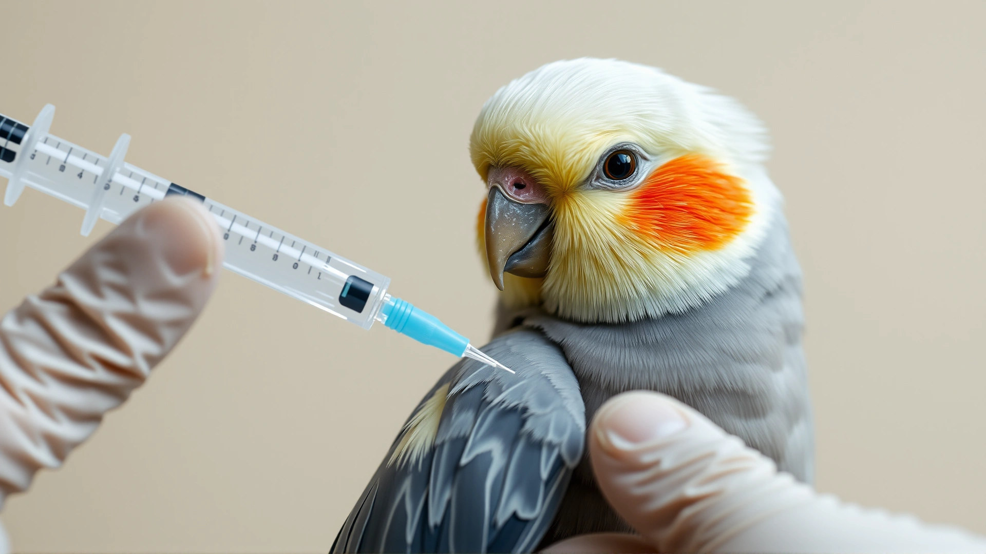 Close-up of a syringe gently approaching a cockatiel's wing for vaccination, veterinarian hands visible, soft bokeh background.