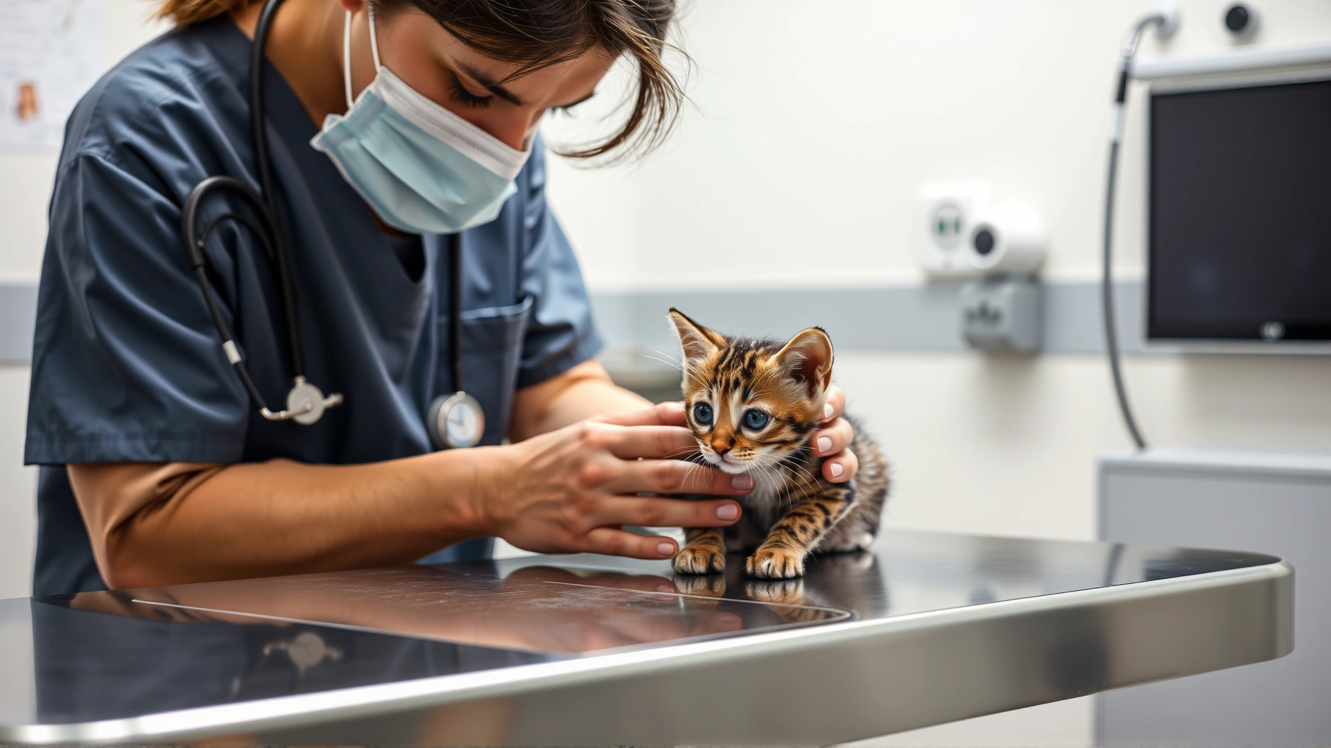 Veterinarian in a clean clinic gently examining an eight-week-old tabby kitten on a stainless steel exam table