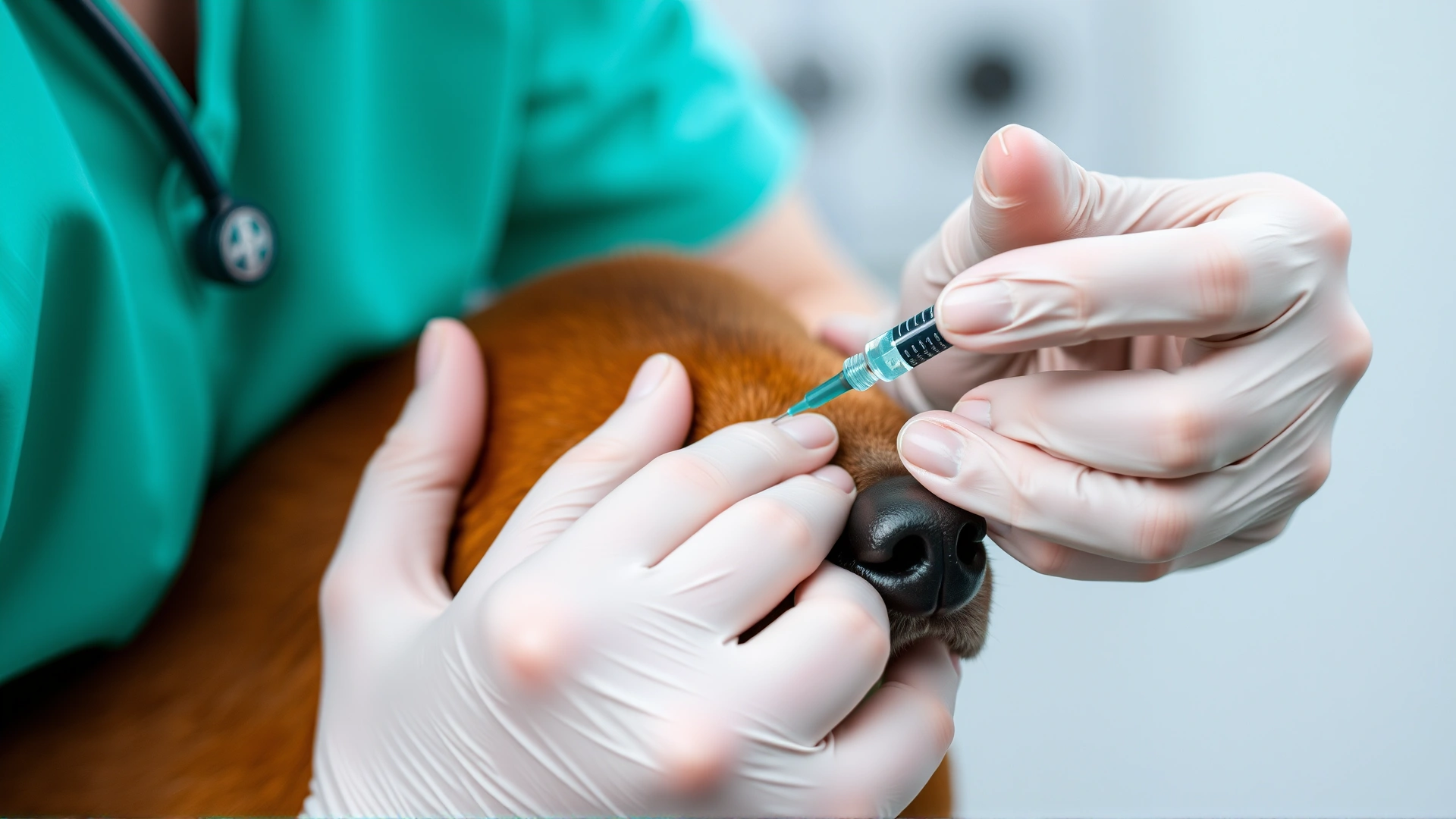 Close-up of a veterinarian administering a vaccine injection to a dog's shoulder, focus on the syringe and gentle hands