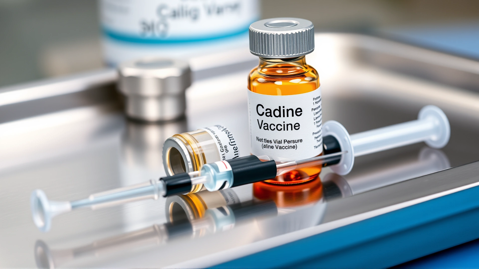 Macro shot of a canine vaccine vial and syringe placed on a stainless steel medical tray, sterile setting, no labels visible.