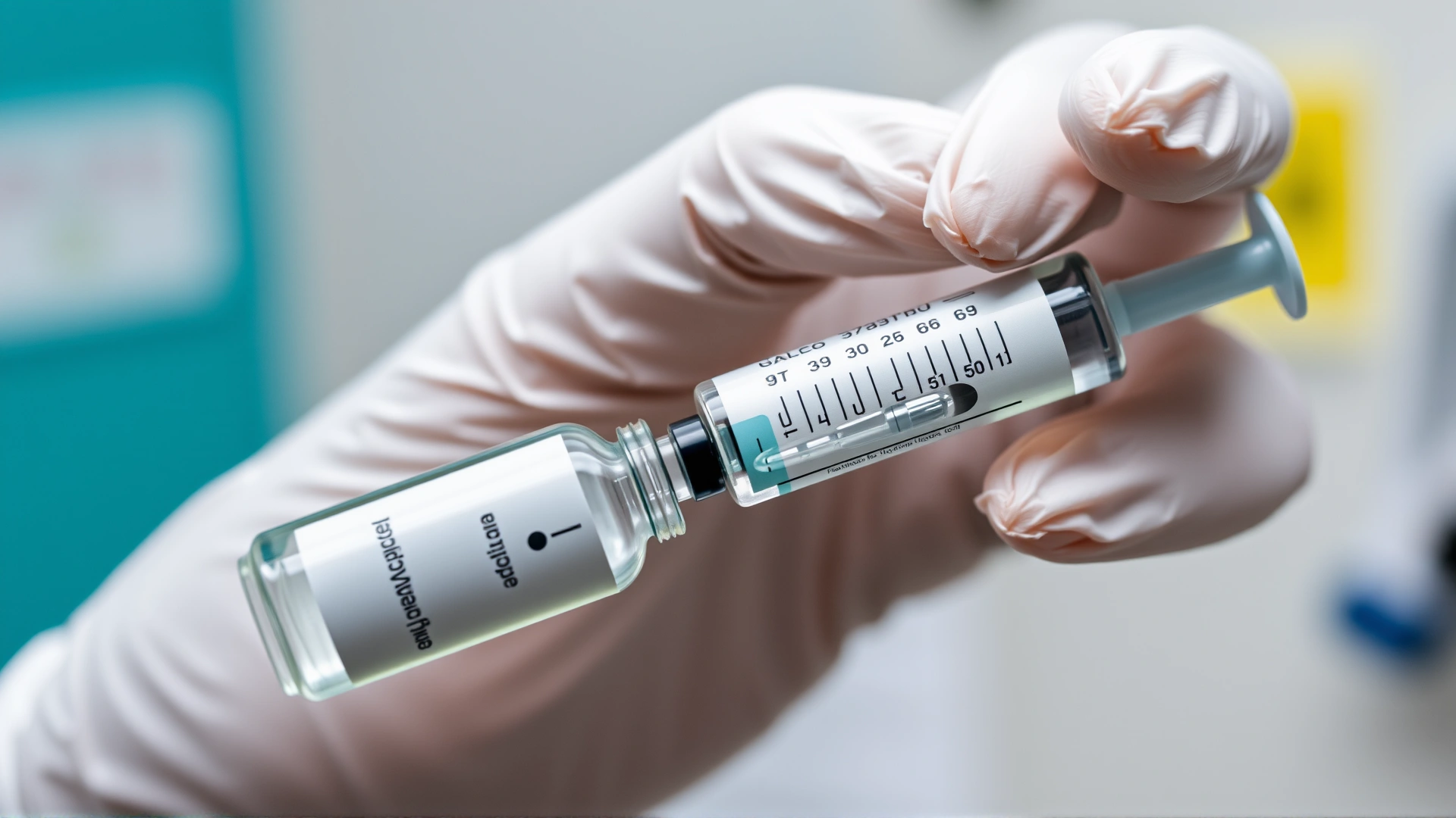 Macro shot of a gloved hand drawing feline vaccine from a vial into a syringe; sterile clinic background; crisp detail.