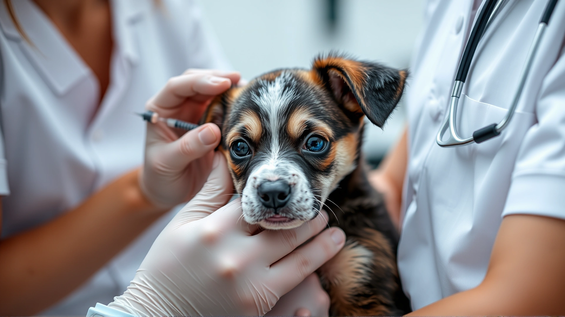 Veterinarian giving a vaccine injection to a healthy puppy, with owner gently holding the dog