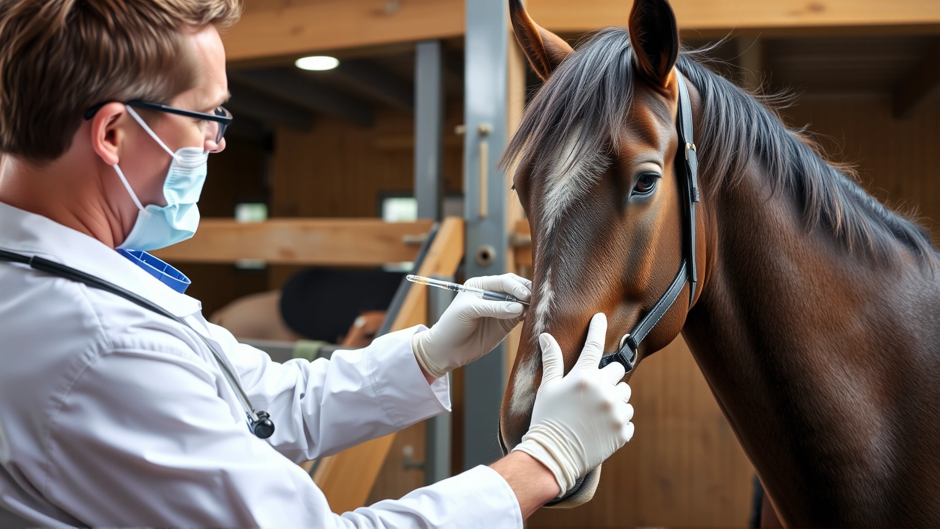 A veterinarian gently vaccinating a calm mare in a stable, emphasizing prevention; no text