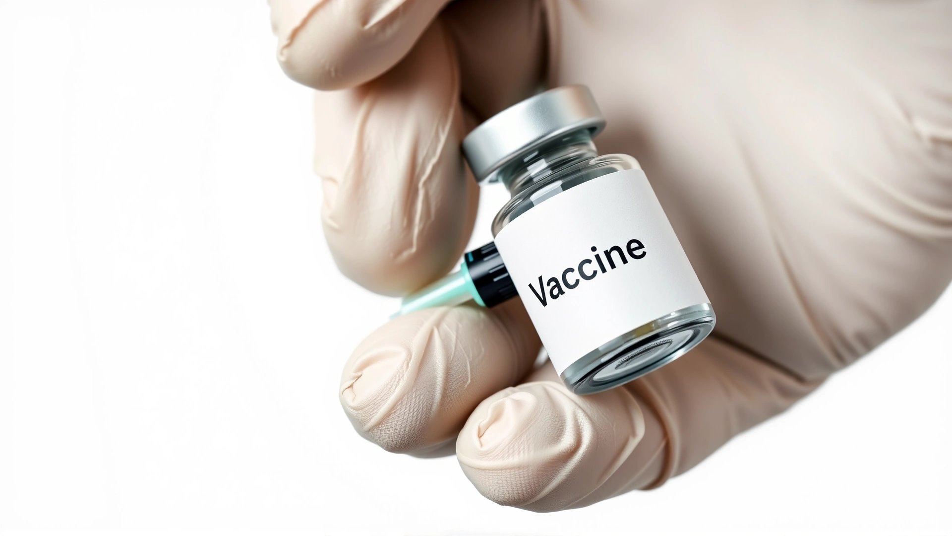 Close-up of a gloved hand holding a syringe and small vaccine vial labeled