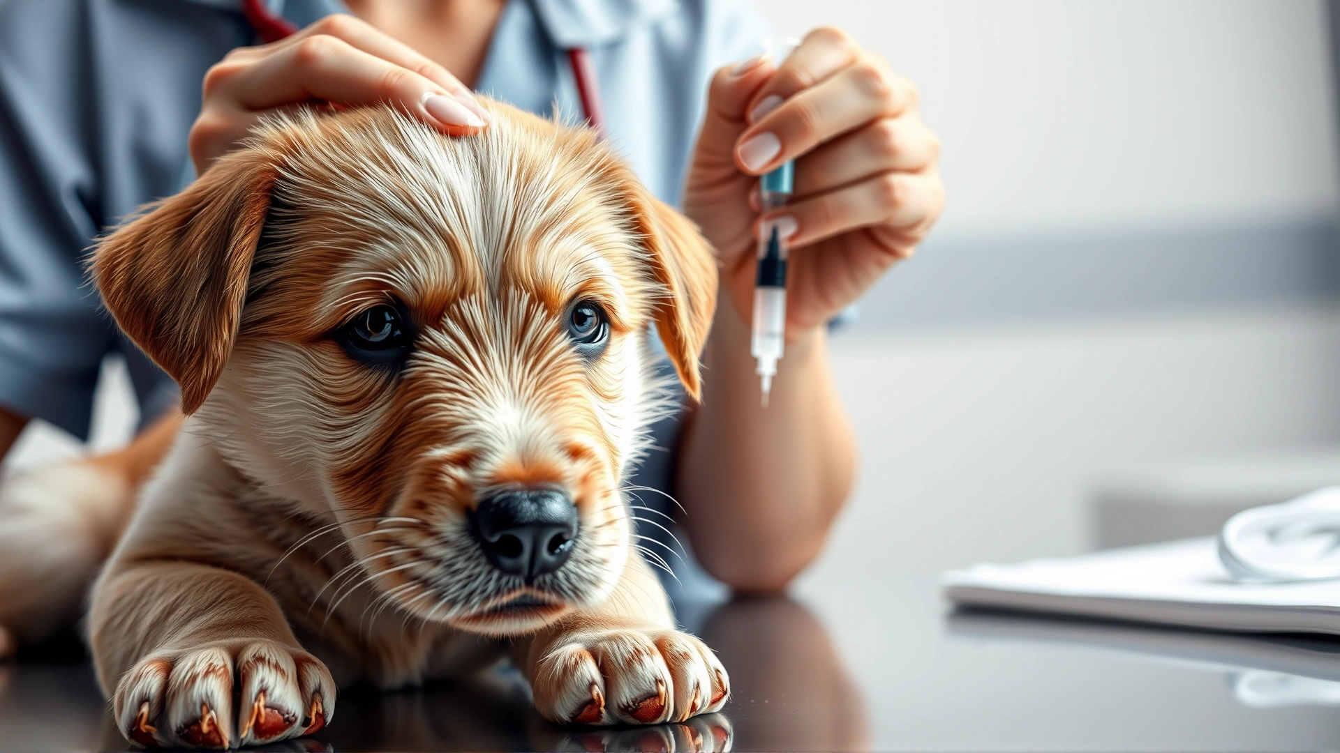 Close-up of a veterinarian preparing a syringe while a relaxed puppy sits on the table in the foreground, clinic setting, no text.