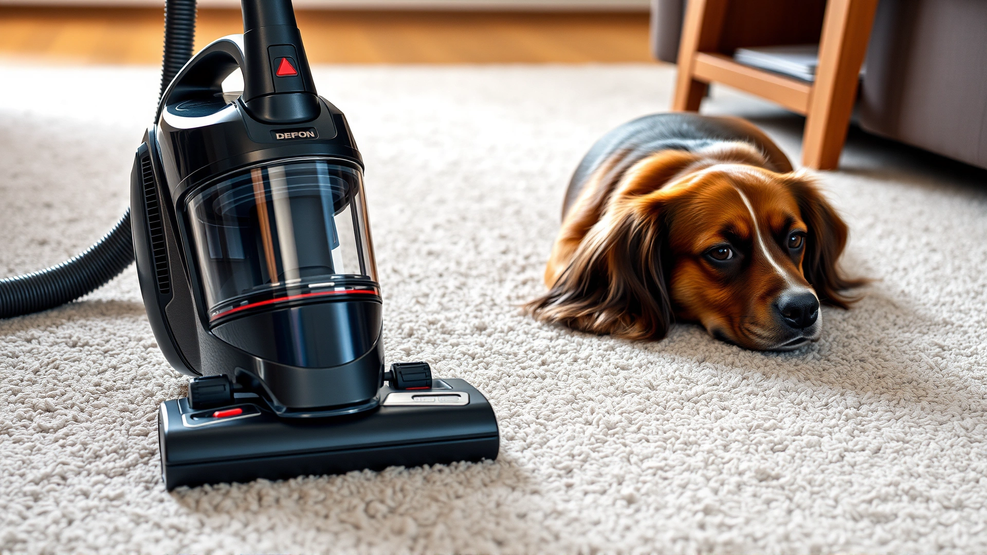 High-end vacuum cleaner with HEPA filter being used on a carpet while a relaxed dog lounges nearby.